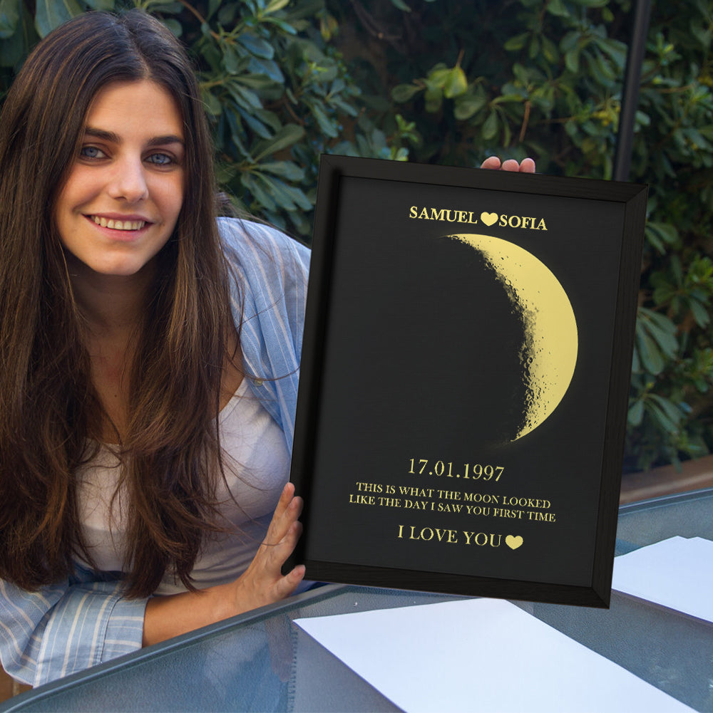 Custom Moon Phase and Names Wooden Frame with Your Text and Special Date