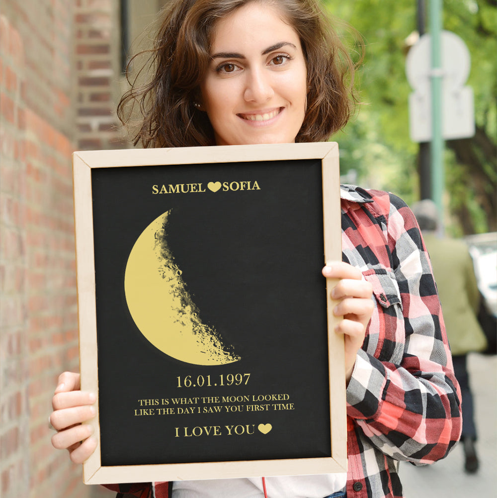 Custom Moon Phase and Names Wooden Frame with Your Text and Special Date