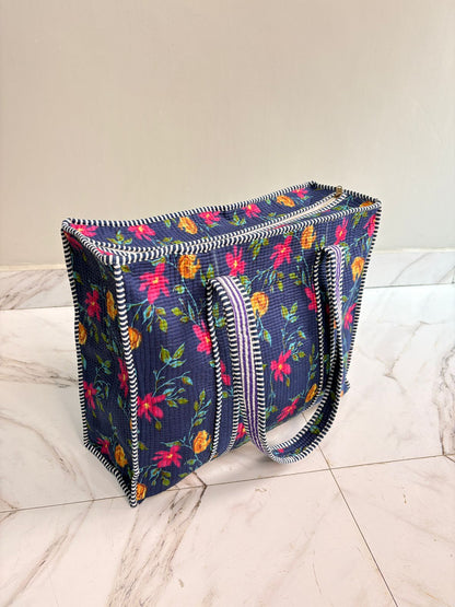 👜 Elegant Quilted Tote Bag – Navy Floral Everyday Carry (18x18 Inch)