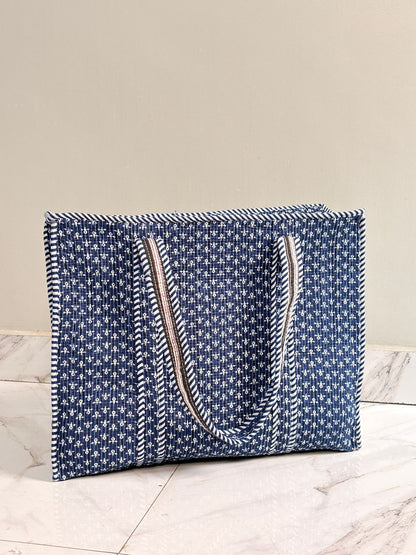 👜 Premium Quilted Tote Bag – Blue Printed Everyday Essential (18x18 Inch)