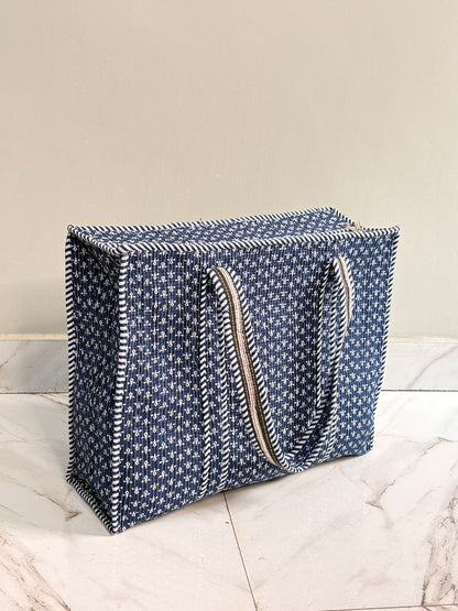 👜 Premium Quilted Tote Bag – Blue Printed Everyday Essential (18x18 Inch)