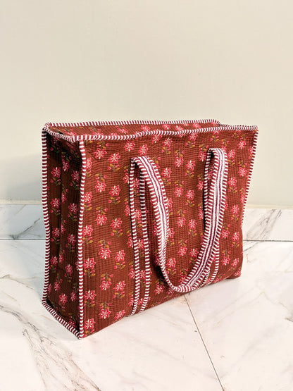 👜 Premium Quilted Tote Bag – Brown Floral Elegant Carry (18x18 Inch)